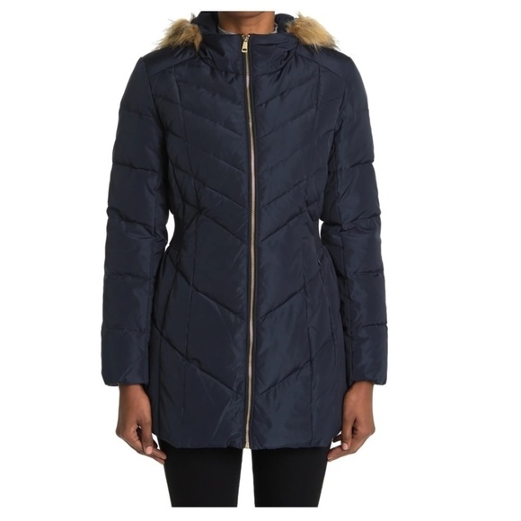 Cole Haan Puffer Down Faux Fur Trim Hooded Coat - Picture 1 of 11